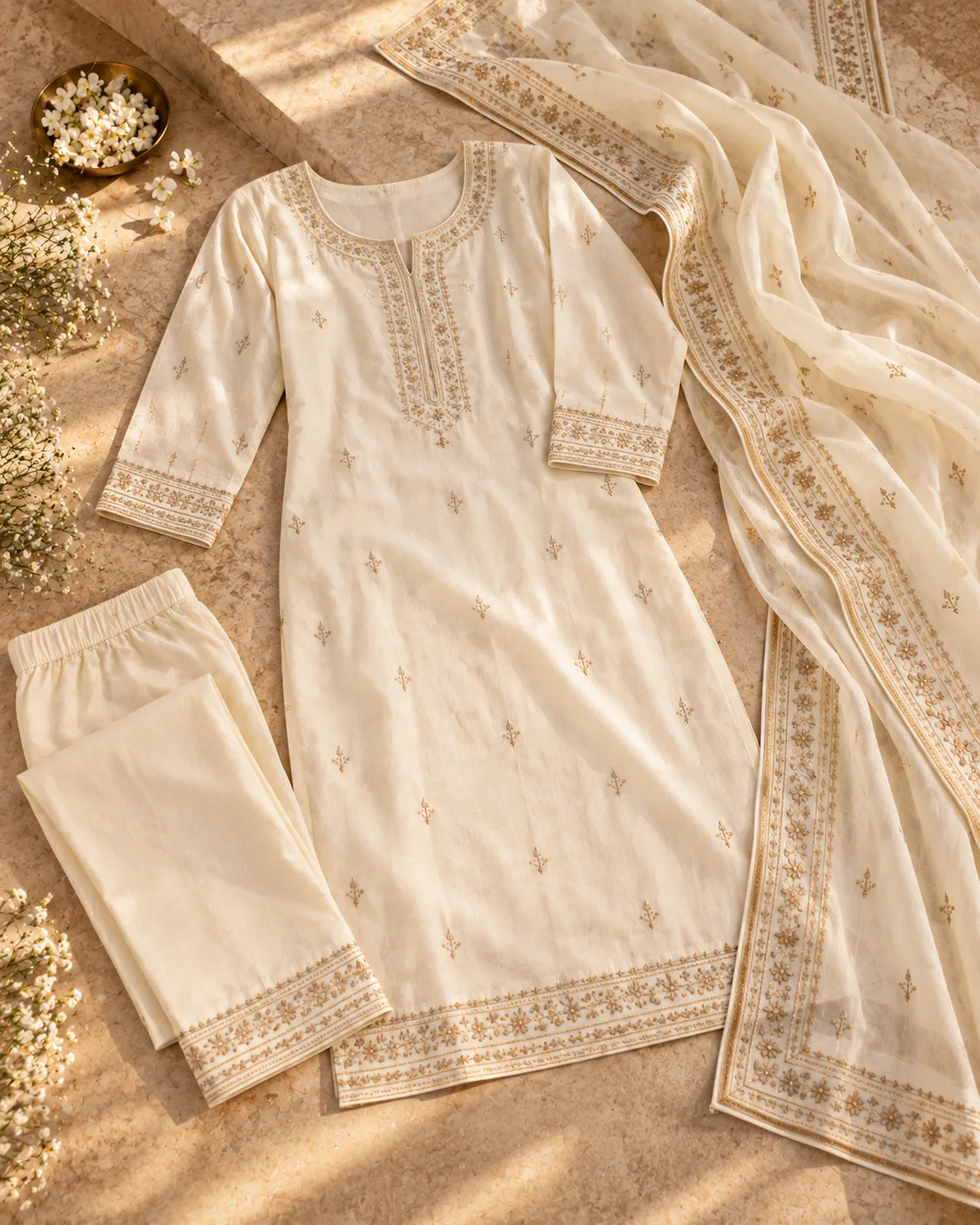 Sunlit Ivory Embroidered Ensemble
