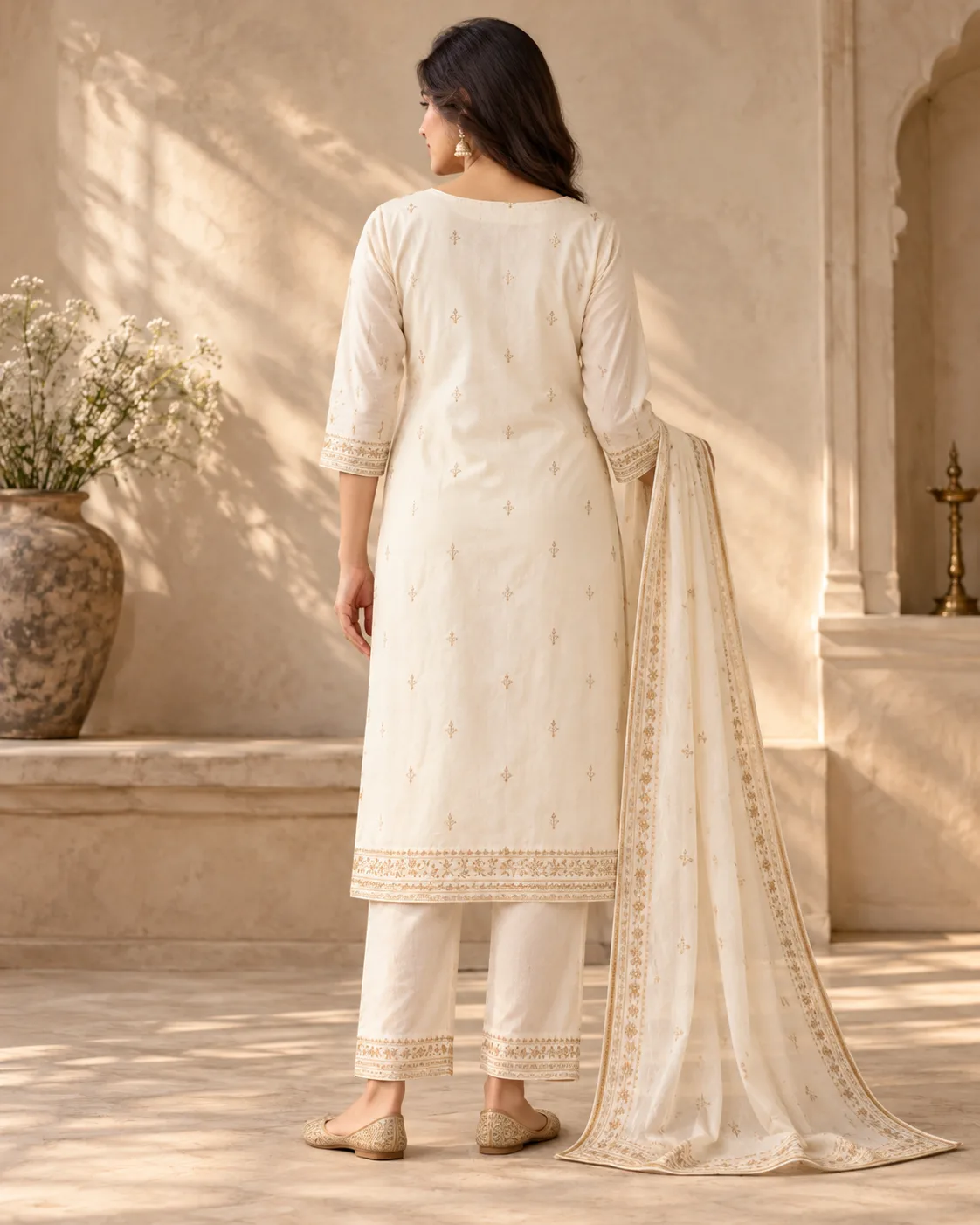 Sunlit Ivory Elegance in an Arched Courtyard