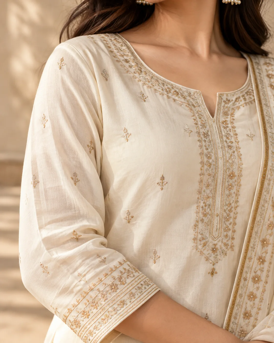 Elegant Ivory Embroidered Kurta Close-Up