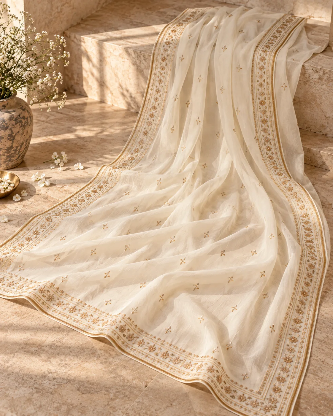Ivory Embroidered Dupatta in Sunlight